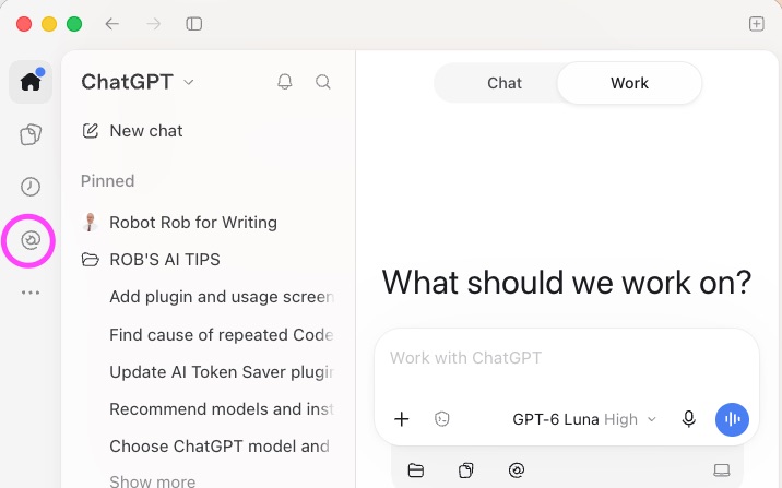 ChatGPT home screen with the Chat and Work switch at the top center, Work selected