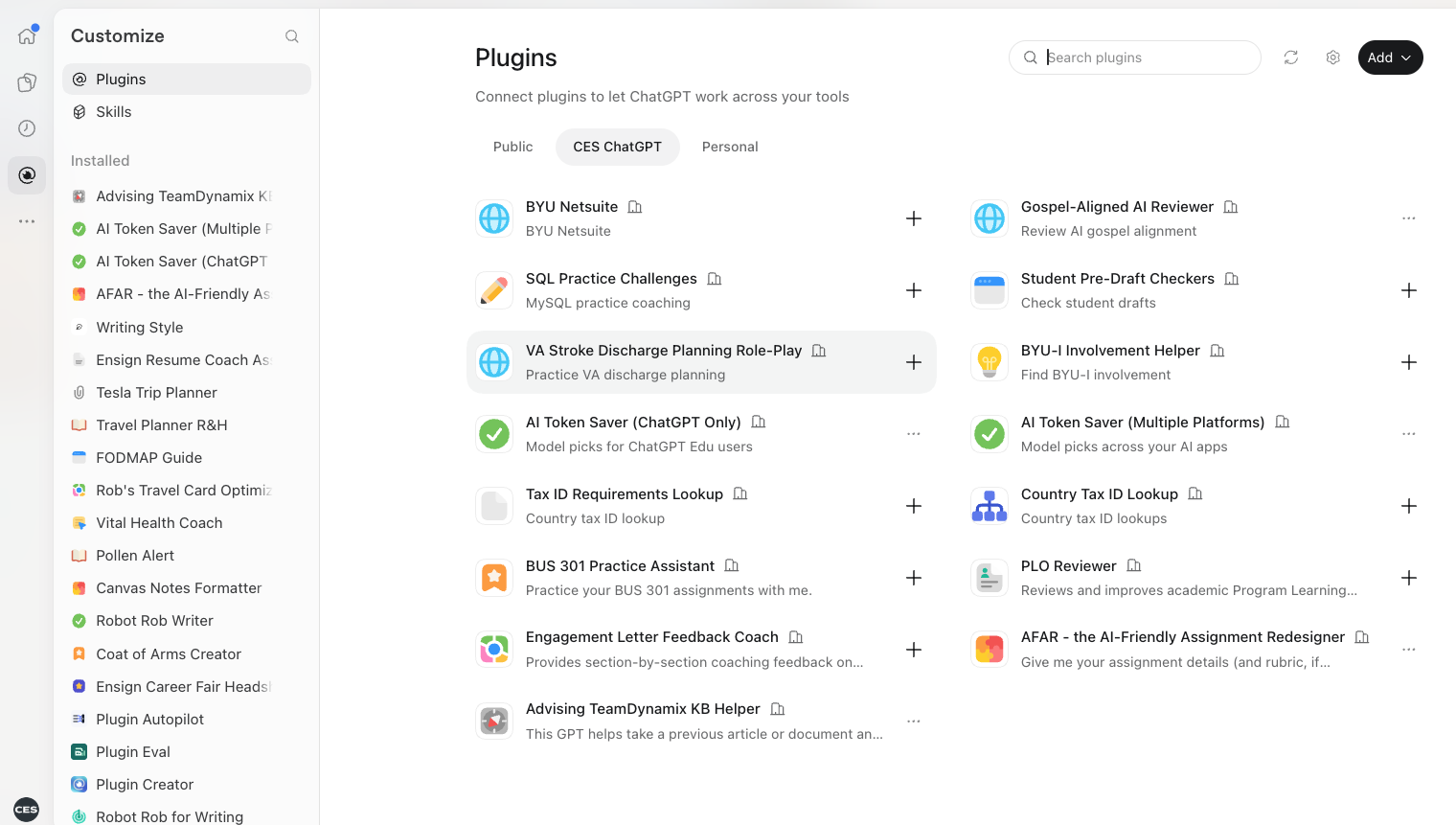 CES ChatGPT workspace tab selected, showing shared plugins including AI Token Saver ChatGPT Only and AI Token Saver Multiple Platforms, with plus buttons beside available entries.